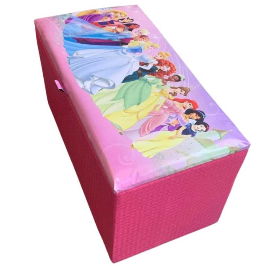 Puff baú princesas organizador grande decorativo puff infantil puff de guardar brinquedos 90x45x45