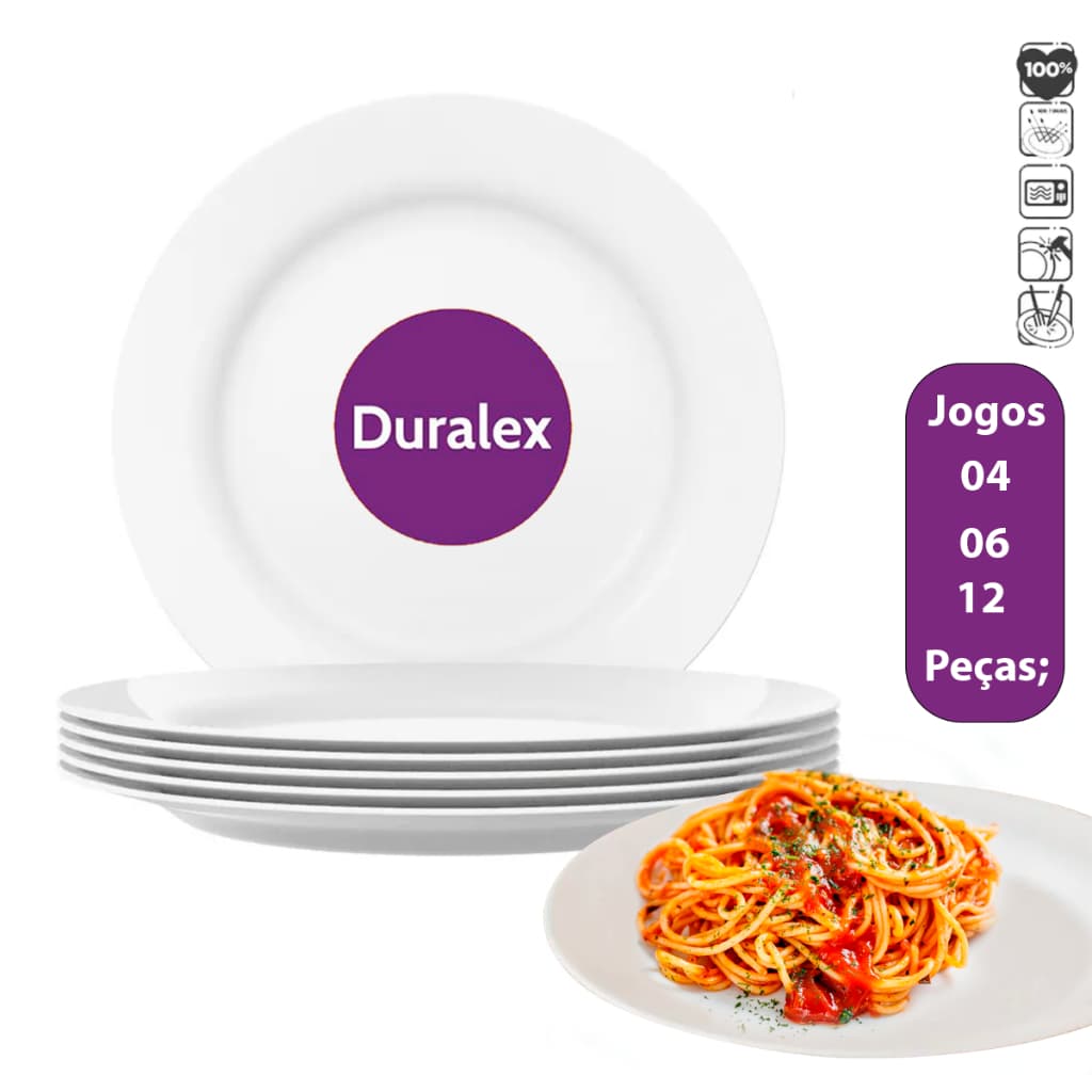 Jogo Kit 04/06/12UN Pratos Raso Branco Vidro Duralex Menu Temperado Opaline Almoço Jantar Hotel