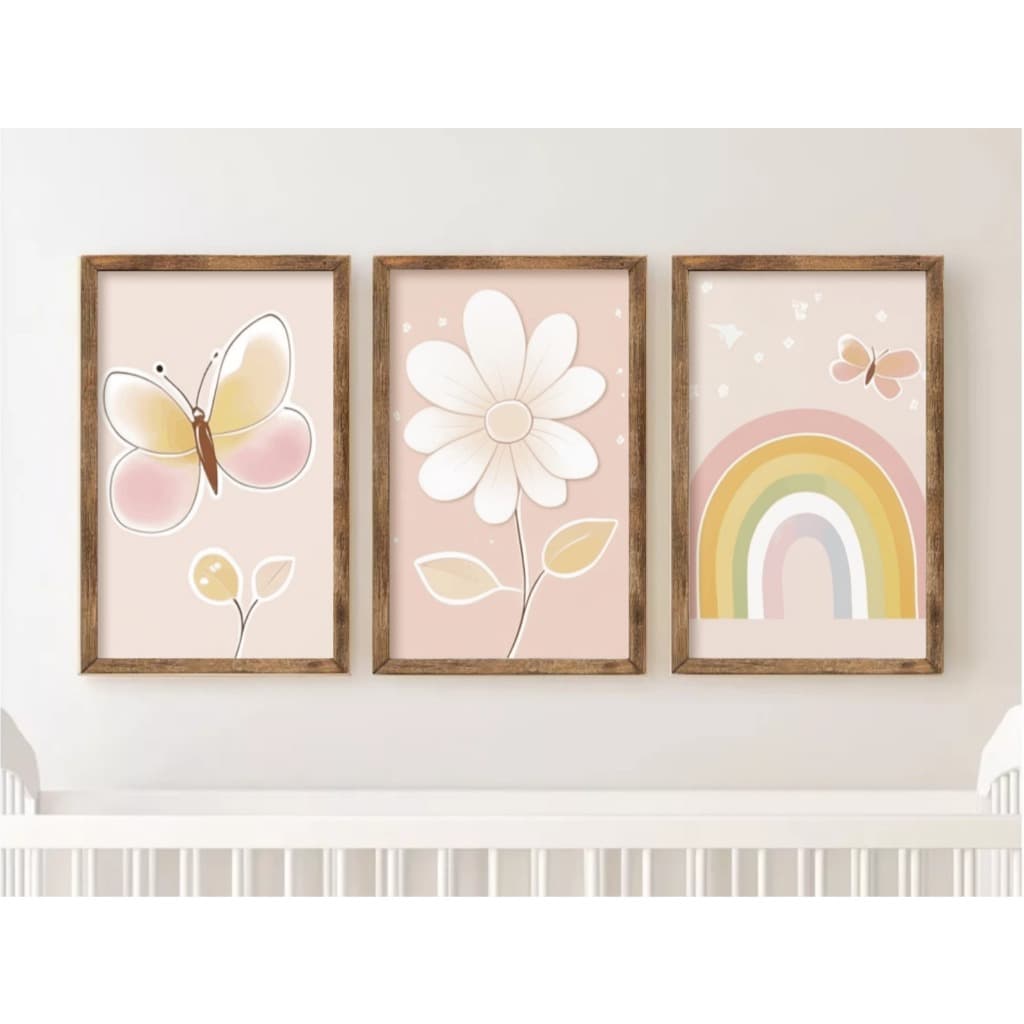 Kit 3 Quadros Decorativos Placas Quarto Infantil arco-íris Menina Feminino Decoração Bebe Moldura Parede Flor