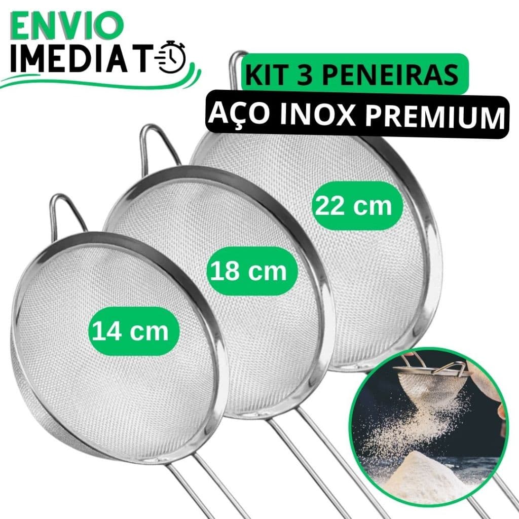 KIT 3 Peneira Coador 100% Aço Inox PREMIUM 22cm 18cm 14cm Super Resistente  para Cozinha Casa Restaurante Oleo Doces
