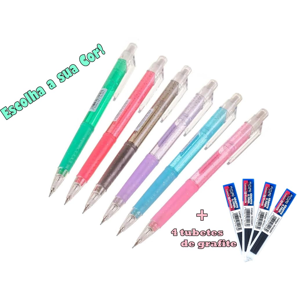Lapiseira 0.7mm + 4 Tubos de Grafite, Lapiseira Emborrachada Mecanismo de Metal Cores com Brilho Glitter Futuro