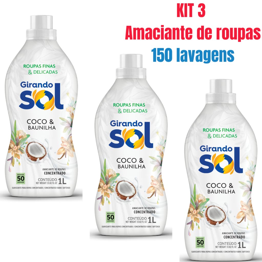 Kit 3 Amaciante Girando Sol Coco E Baunilha Concentrado 1 Litro - Rende até 50 Lavagens Cada