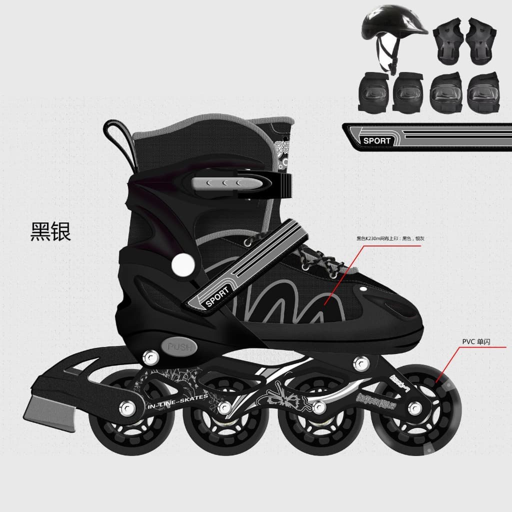 Patins Roller Inline Infantil Preto Ajustável Com Luz De Led Com Kit Proteção Profissional Promoção