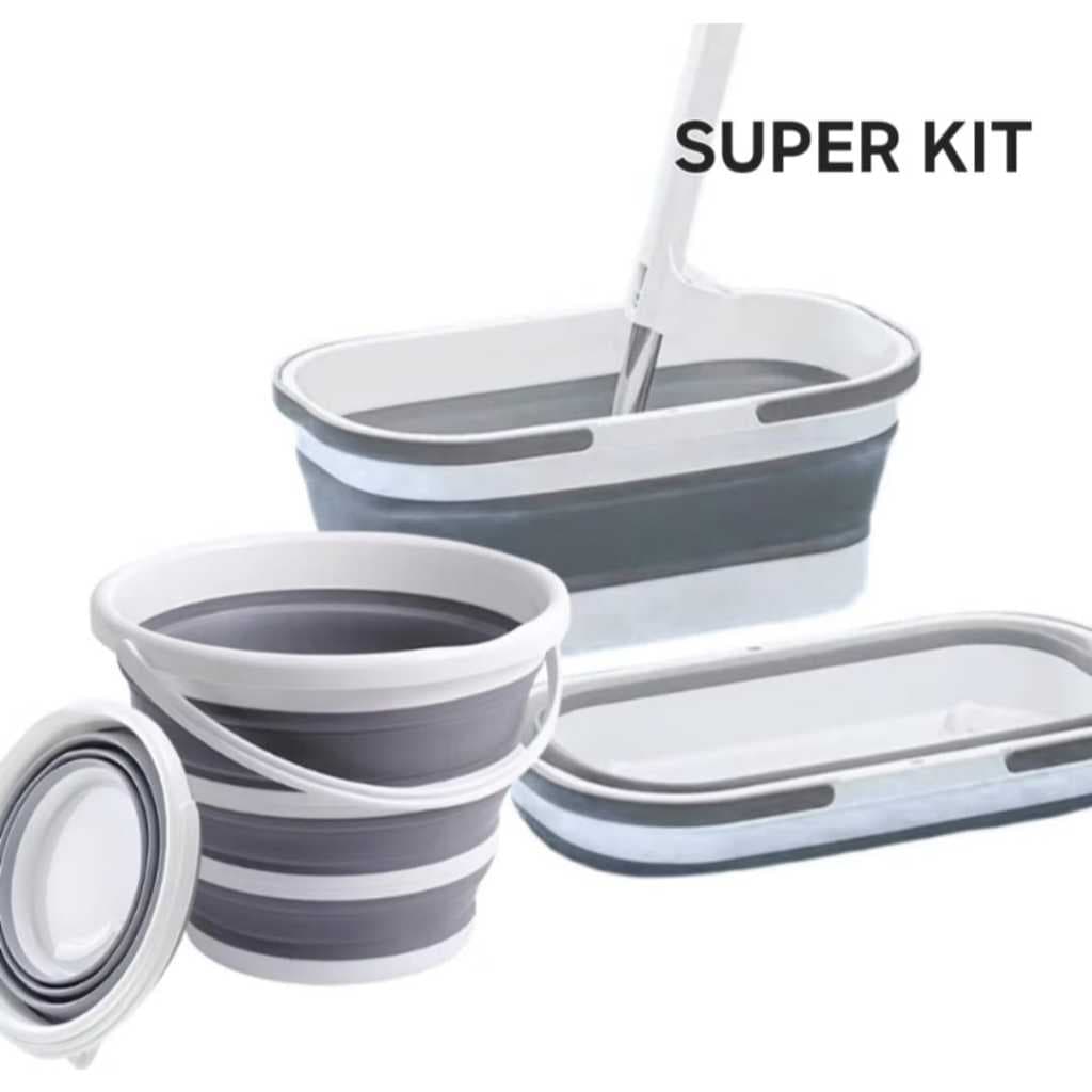 Kit Com Balde + Cesto Dobrável Retrátil Flexível Com Rodinha