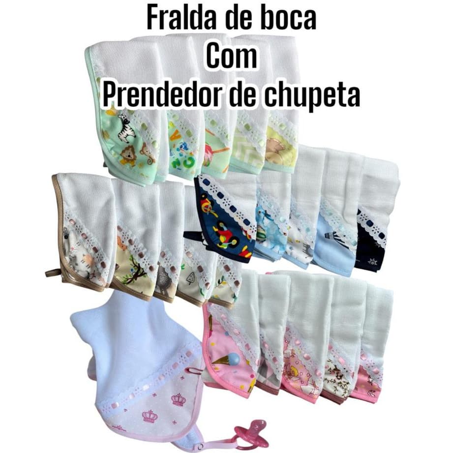 KIT FRALDA DE BOCA BEBÊ COM PRENDEDOR DE CHUPETA 34X34CM 5 UNIDADES TECIDO 100% ALGODÃO