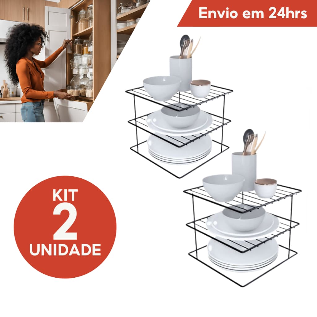 Kit 2 Organizadores de Pratos Quadrado para Armário Cozinha Aramado Prateleira Porta Louças