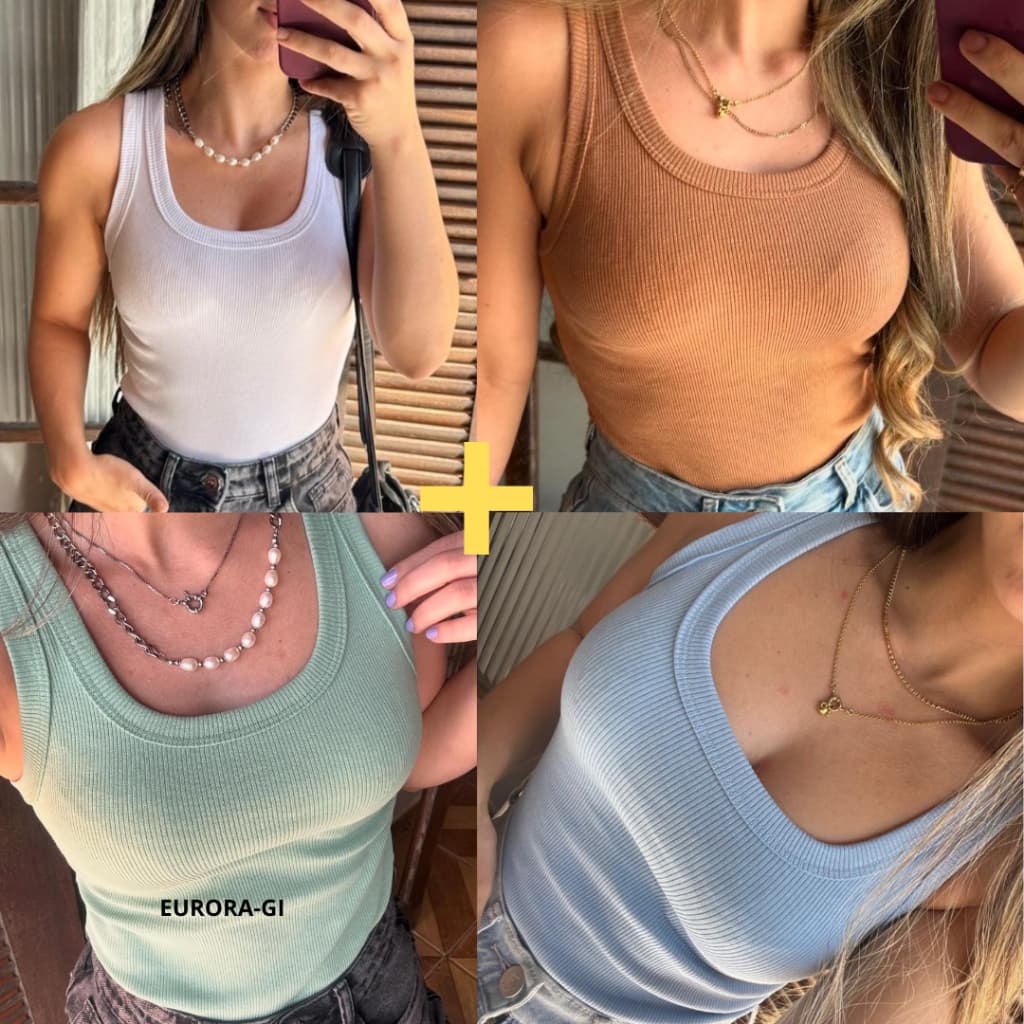 KIT2: Regata Feminina Básica Blusa Americana Moderna E Versátil Tecido Ribana de Algodão Premium