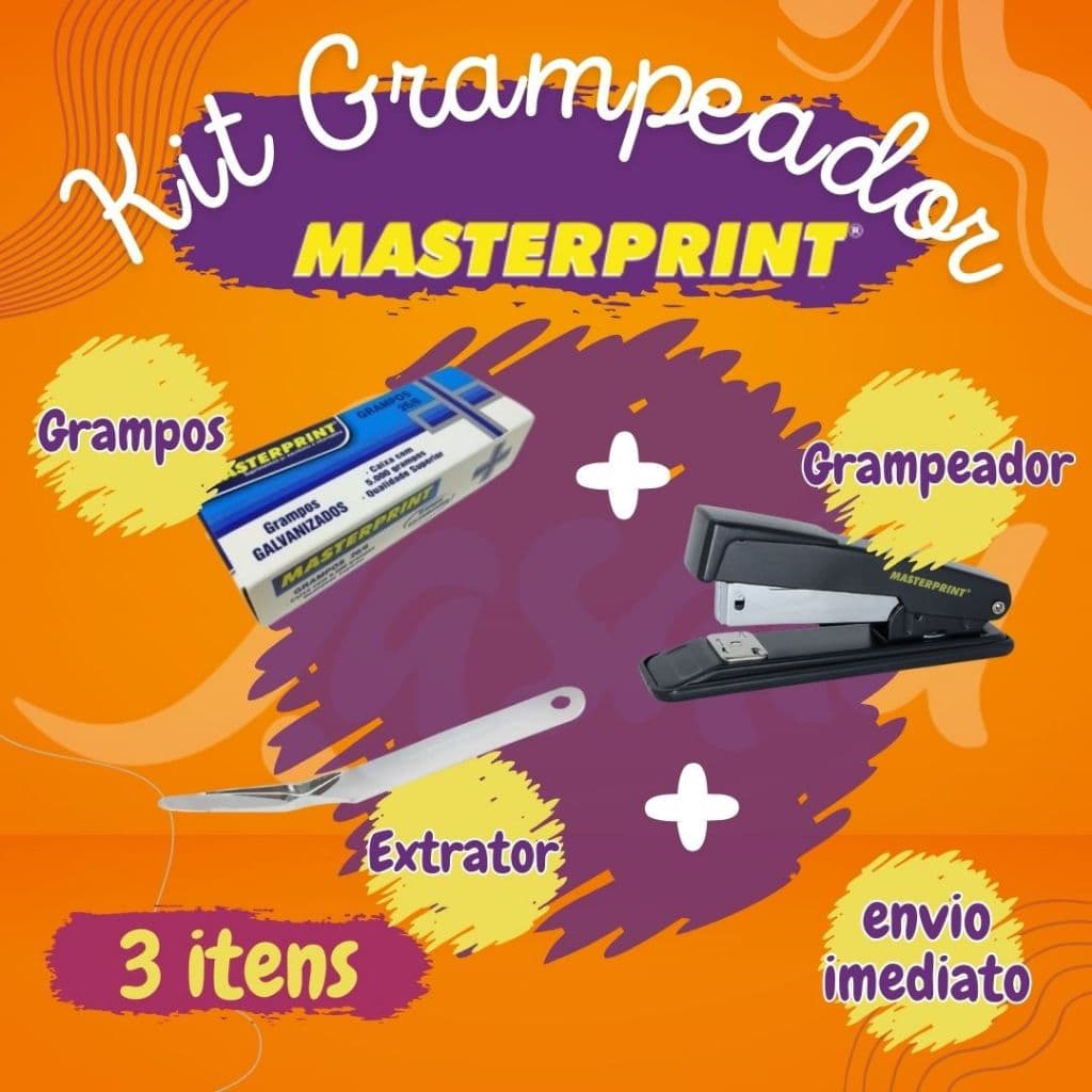 Kit Grampeador Metal + 5.000 Grampos 26/6 Galvanizados + Extrator de Grampos Escolar MASTERPRINT