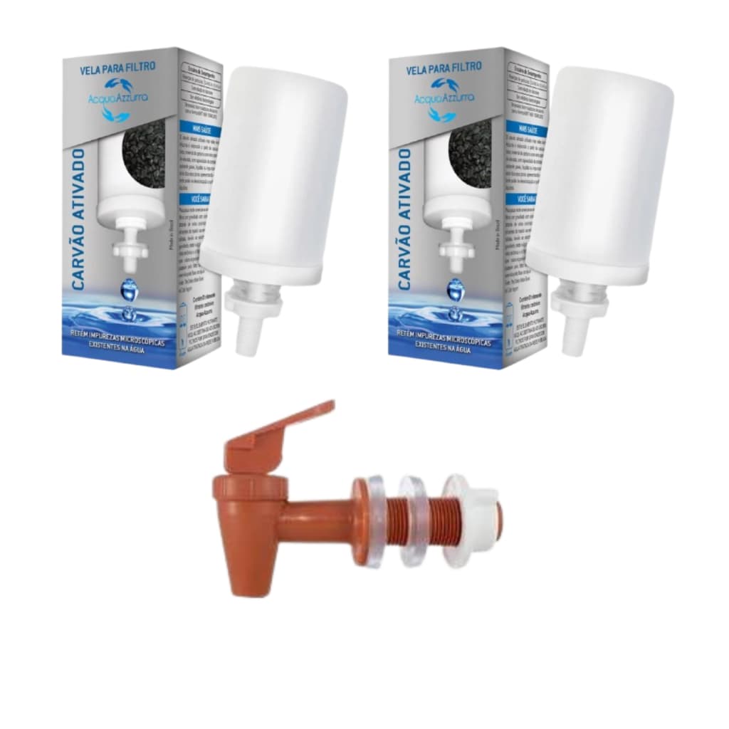 Kit 2 Velas Filtro de Barro Carvão Ativado + 1 Torneira Toque Marrom