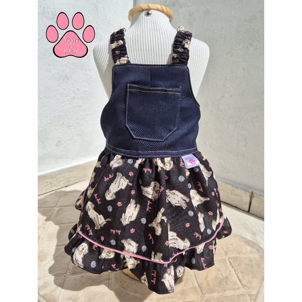 Vestido Jeans Jardineira para cachorro