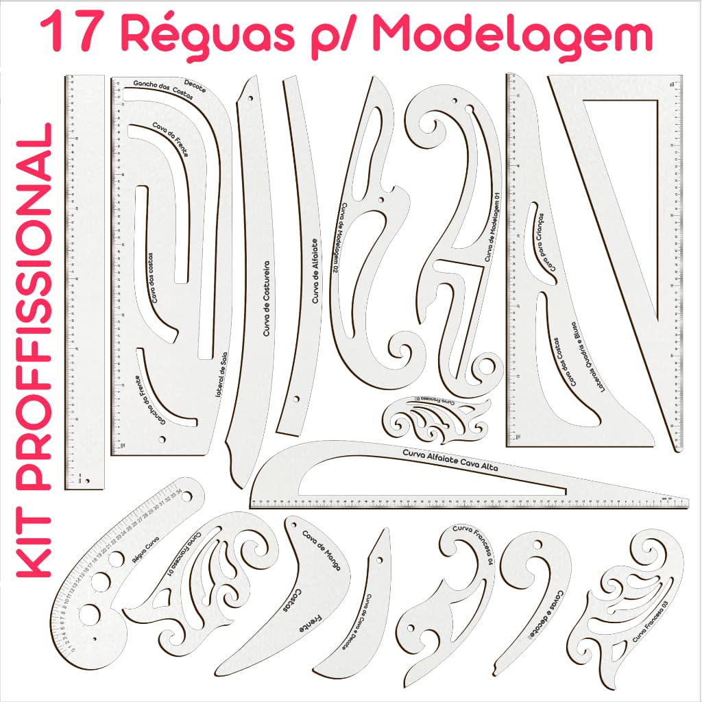 Réguas Corte Costura Francesa Decotes Alfaiate - Kit com 17 Pçs MDF Branco