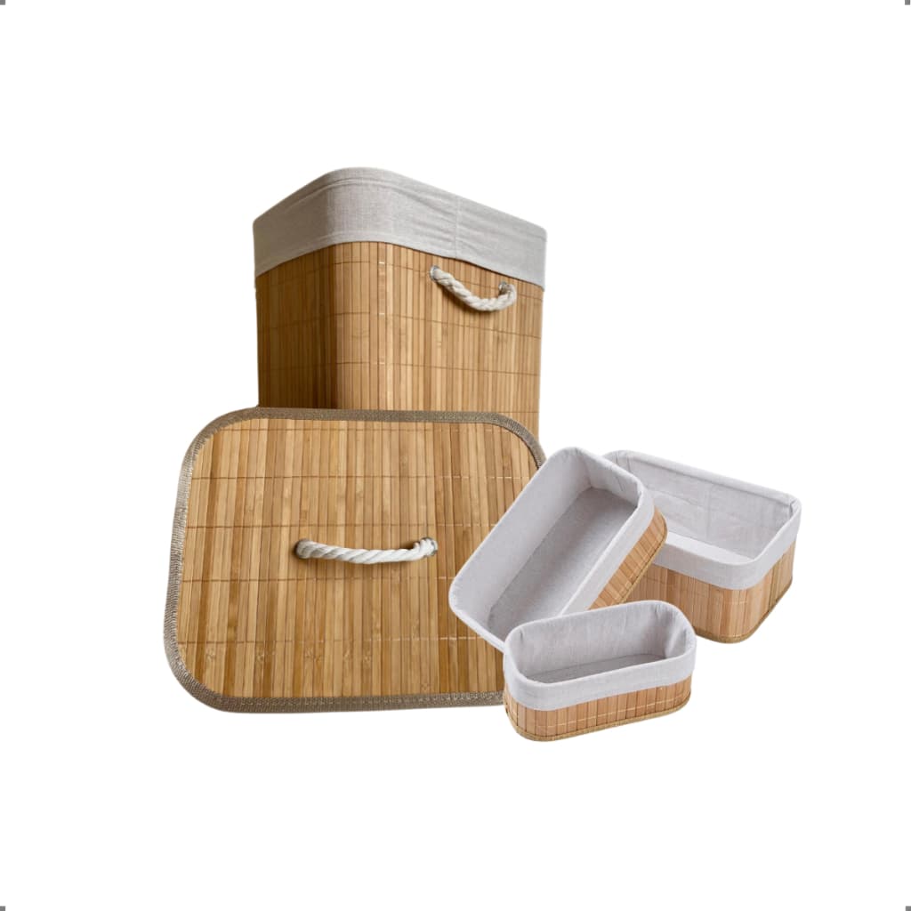 Cesto Organizador Bambu Forrado Grande e Pequeno kit Retangular Quarto Mesa Copa Banheiro Escritório