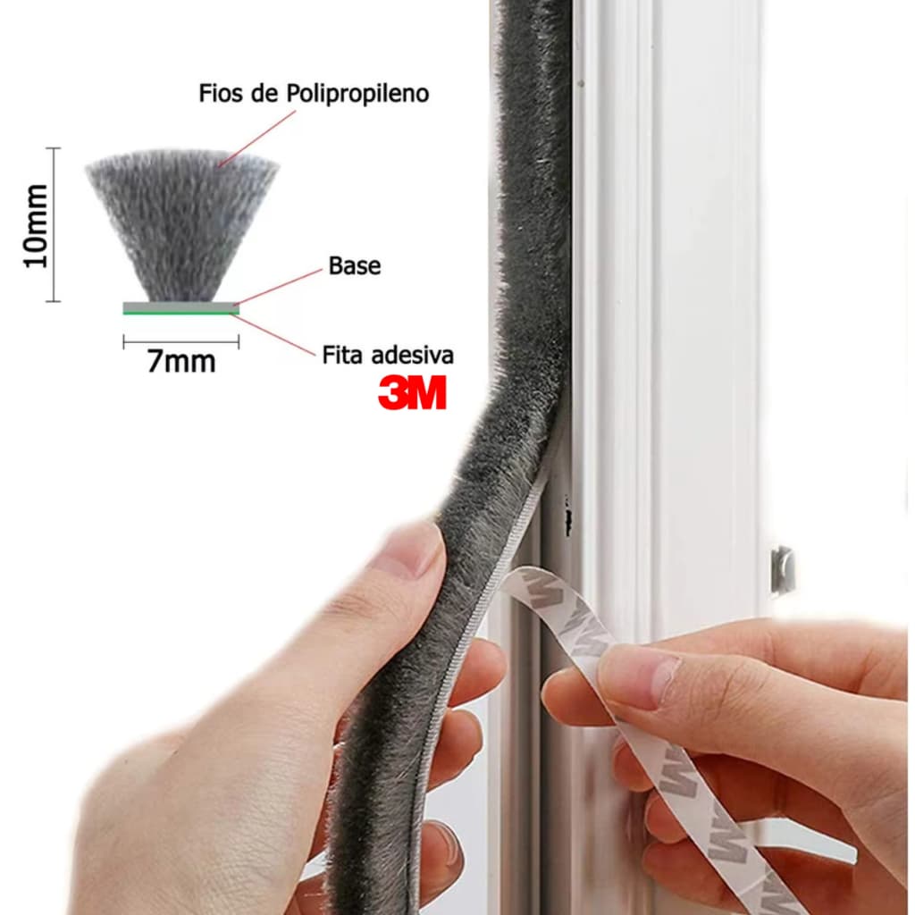 Fita Veda Frestas Escova Adesivo 3M Portas Janelas 10mm x 7mm