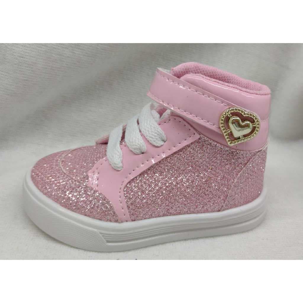 Botinha Gliter Rosa - Brilhante - Tênis Feminino - Coração Aplique - Brilho Rosa