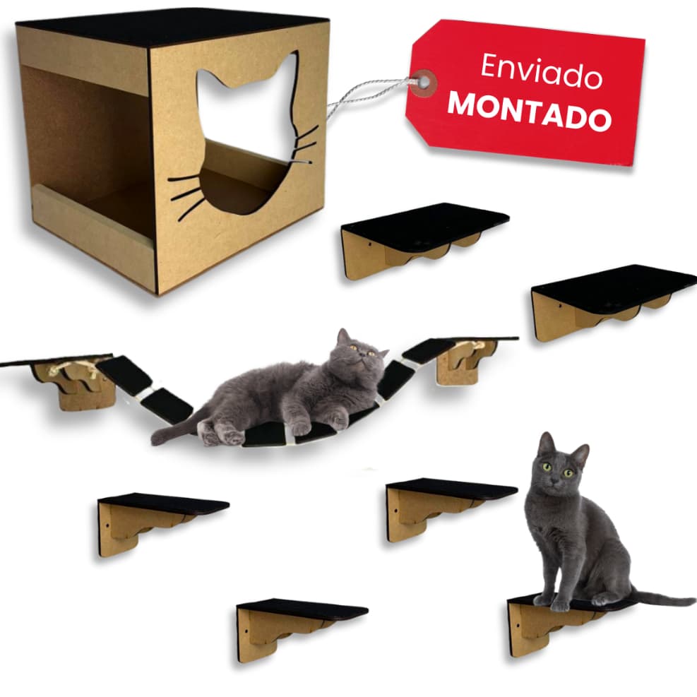 Playground Para Gatos 8 Peças Mdf Com Carpete Ponte Prateleira Degrau Caixa Casa