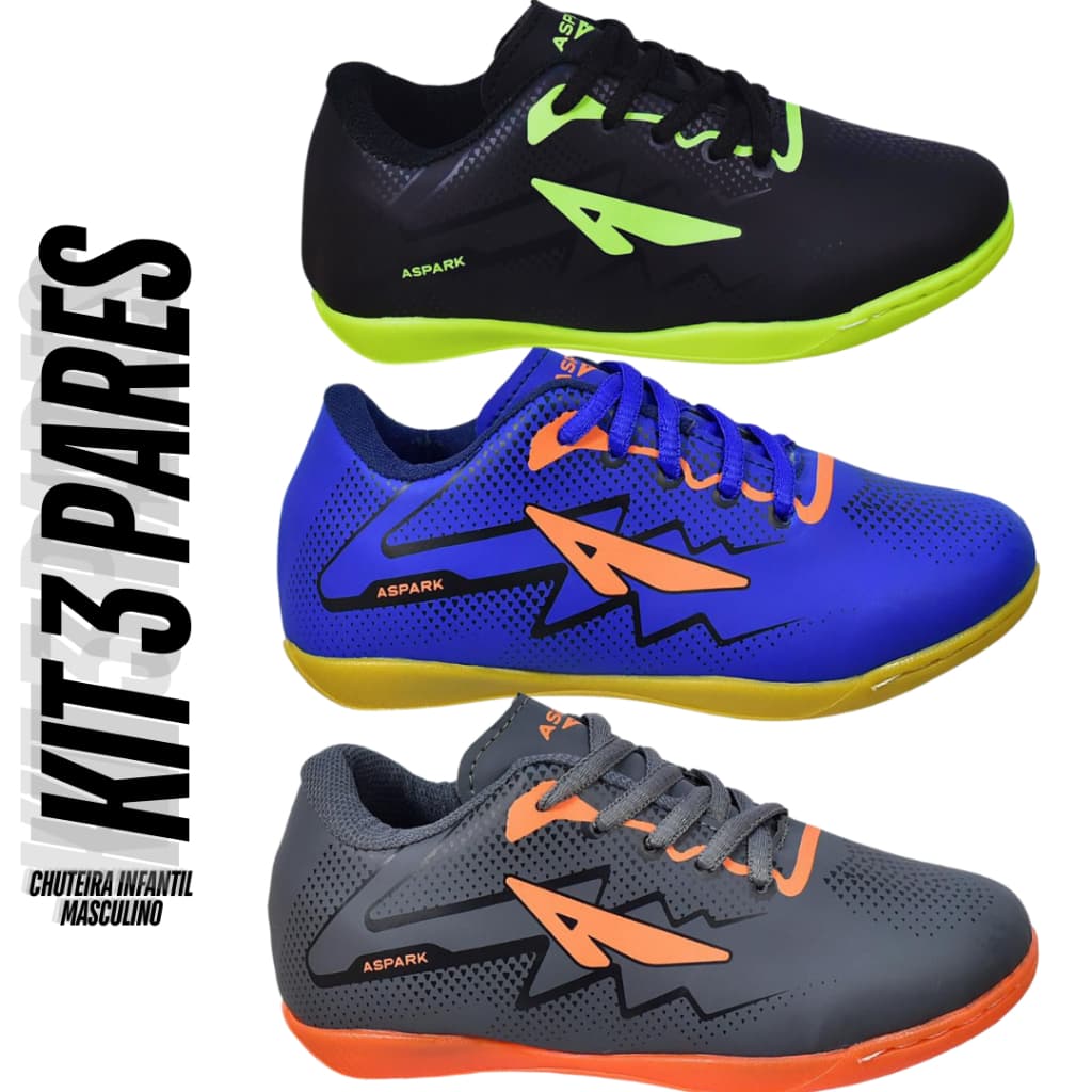 KIT 3 Pares Chuteira Masculino Infantil Salão Futsal Aspark Juvenil Menino Futebol Do 26 ao 33