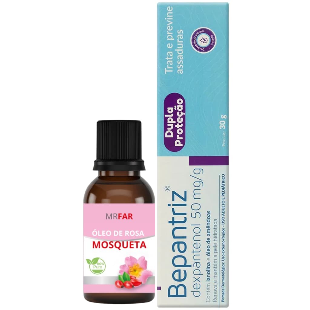 kit óleo de rosa mosqueta 30ml MRfar 100% puro+ creme hidratante bepantriz 30g