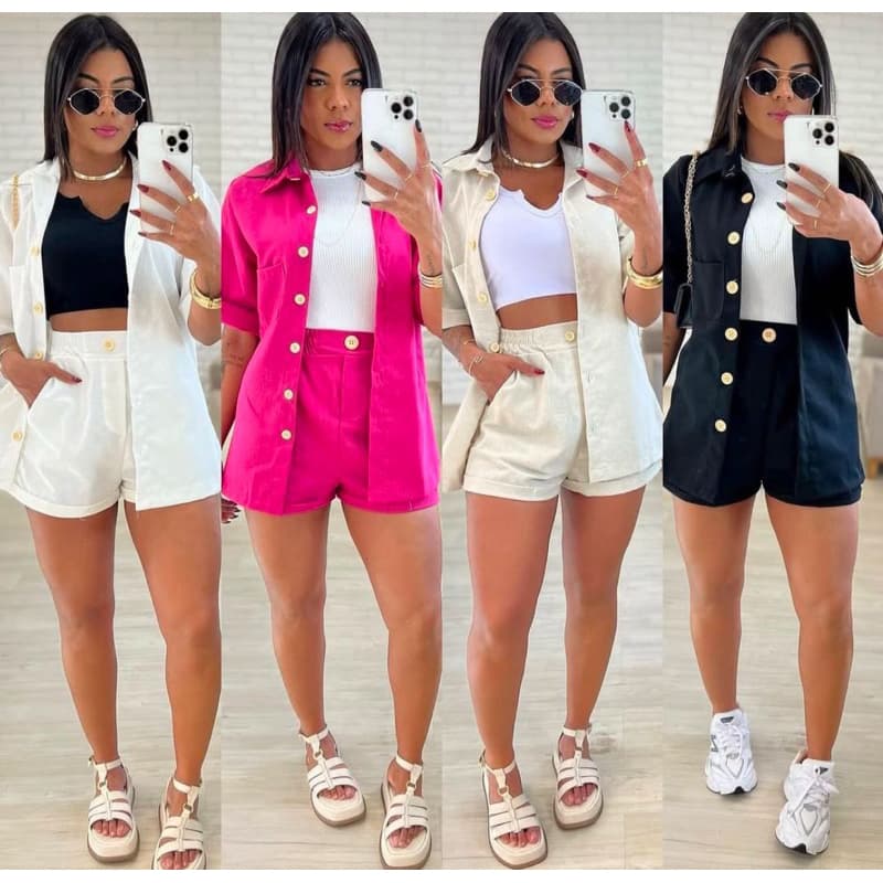 Conjunto Linho Blazer Botões e Short Casual