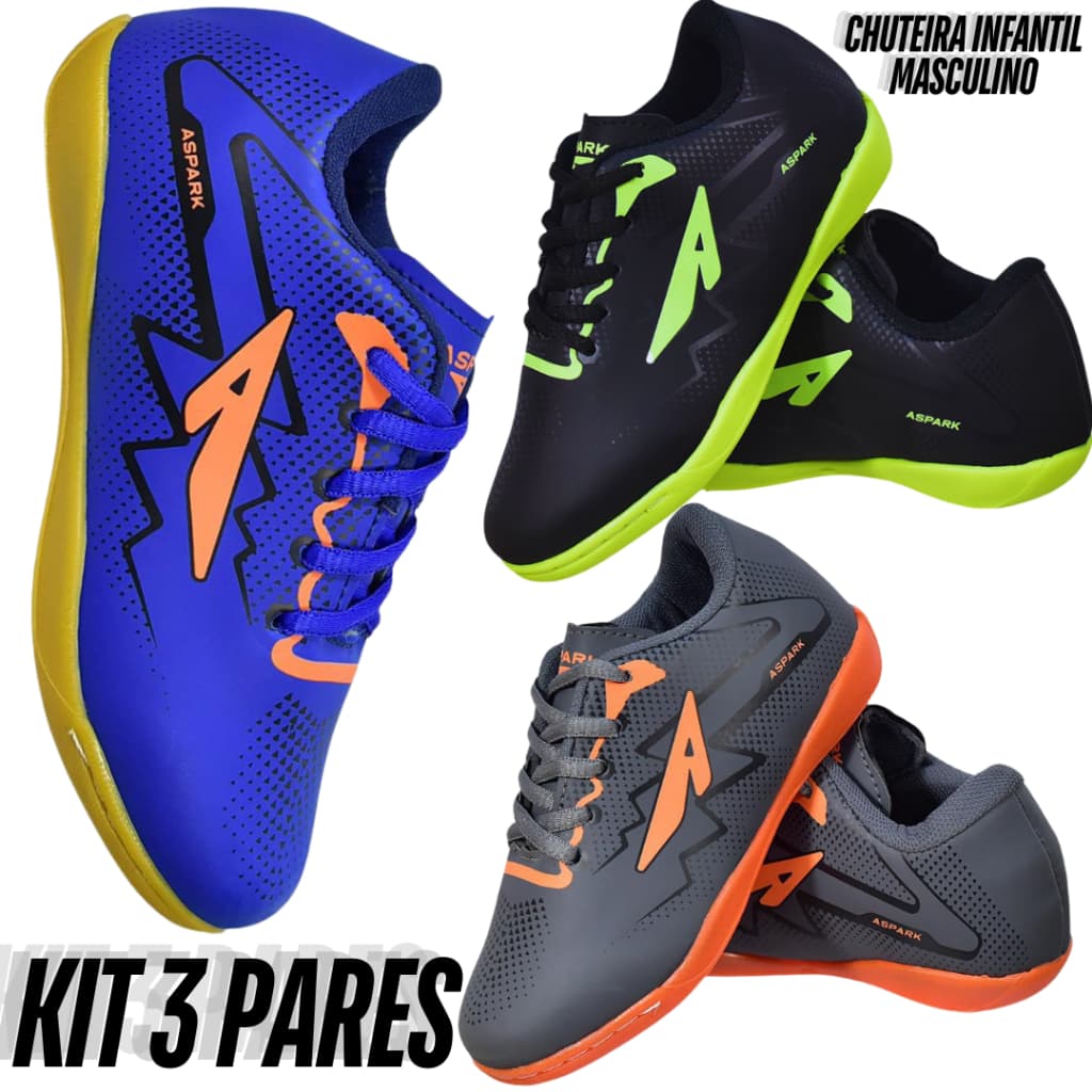 3 Pares Chuteira Masculino Infantil Menino Criança Leve Confortável Macio 26 ao 33 Salão Futebol