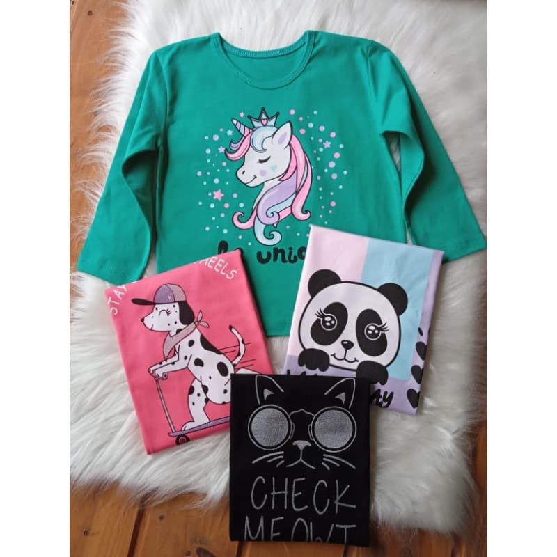 Kit sortido 3 peças Camiseta Feminina Infantil Manga Longa