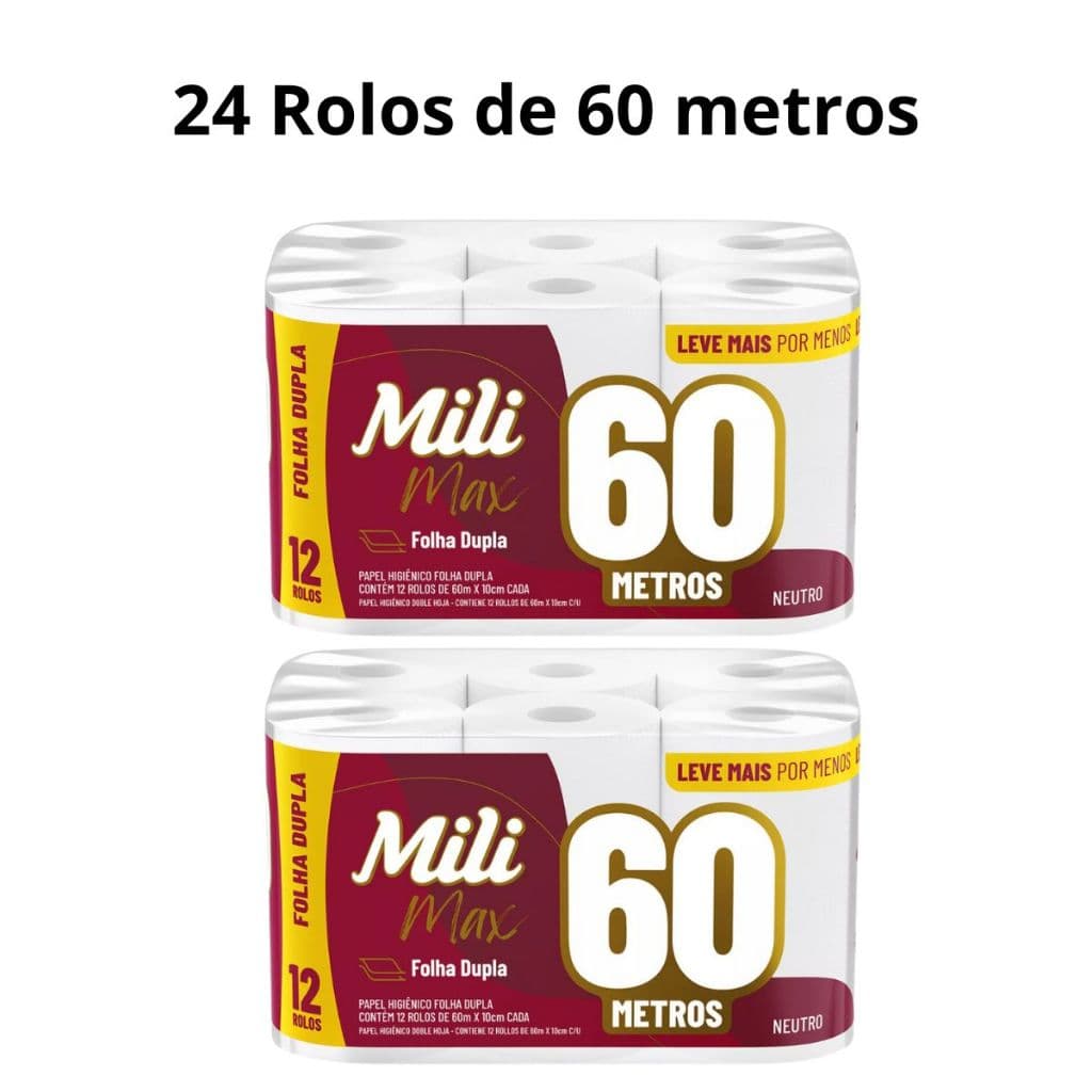 Kit Papel Higiênico Folha Dupla 60 Metros Neutro - 24 rolos 2 Pacotes