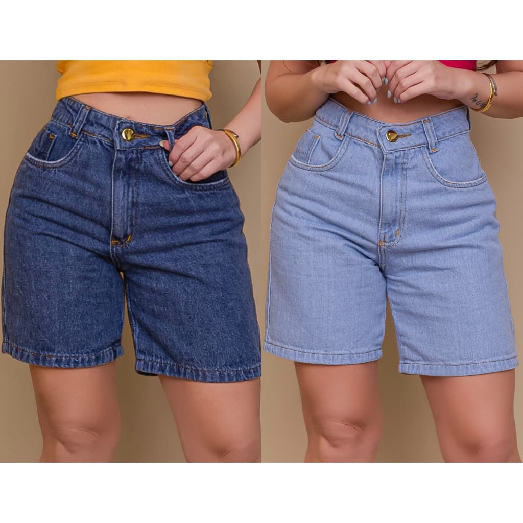 Bermuda Feminina Short Jorts Jeans 100% Algodão Cintura Alta Levanta Bumbum Denim