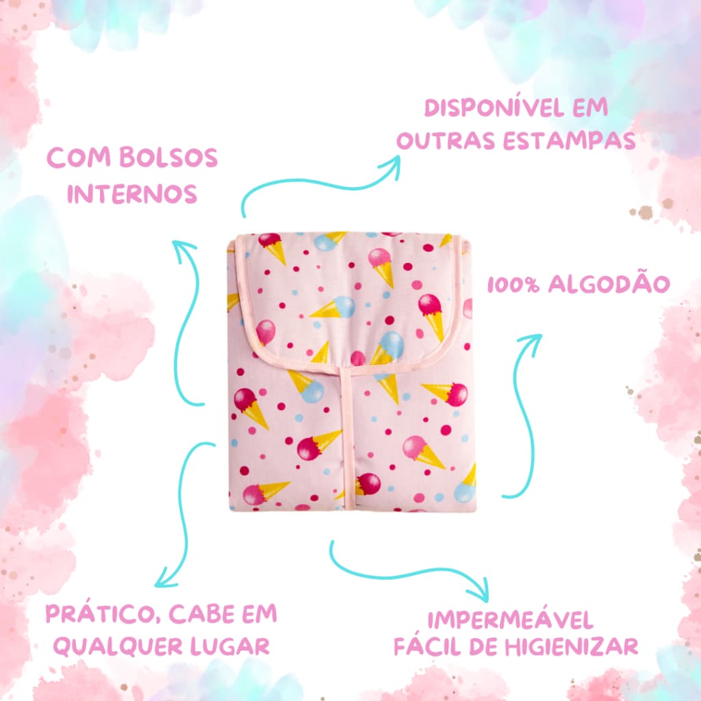 Trocador De Fralda Portátil Dobrável Impermeável Com Bolso 100% Algodão