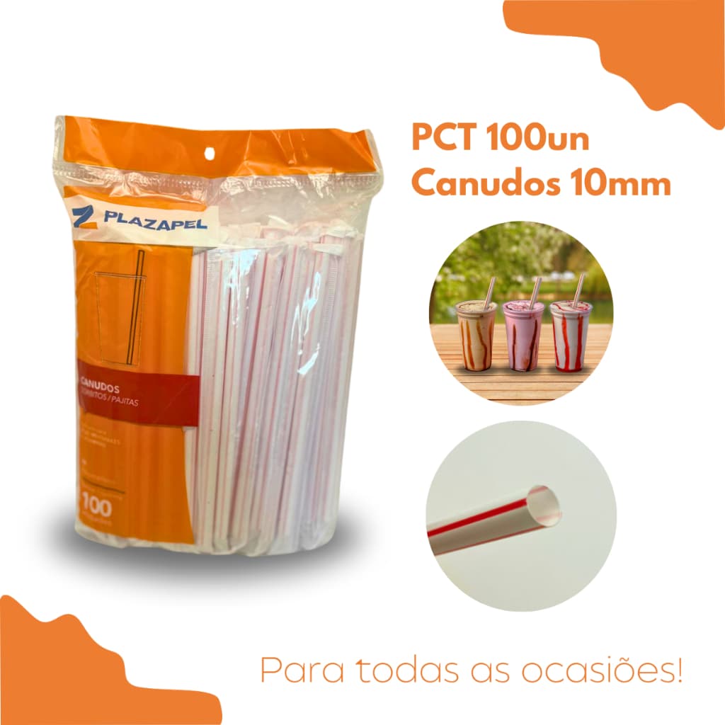 Canudo Festa Listra Vermelho e Branco Milk Shake Vitamina Açaí 10mm PCT C/100un