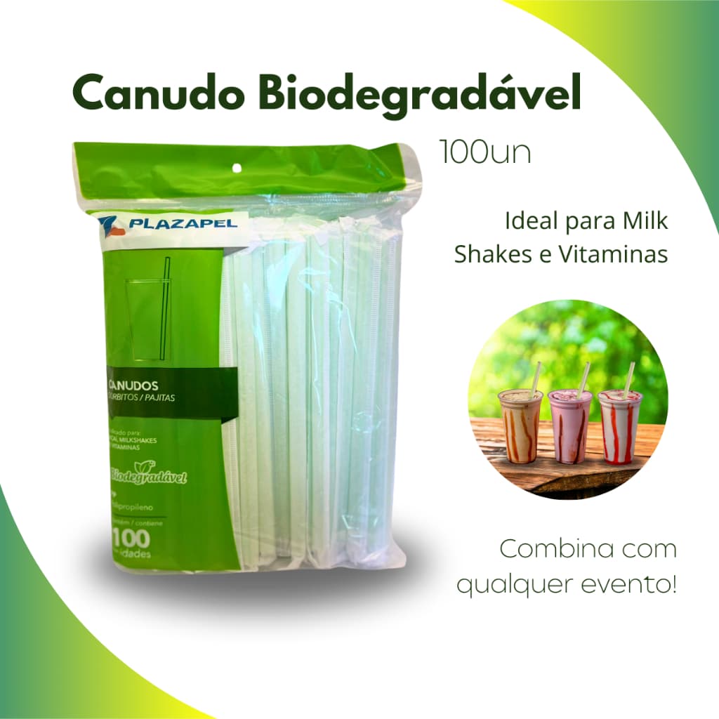 Canudo Festa Listra Verde Biodegradável Milk Shake Vitamina Açaí C/Sachê 10mm PCT C/100un