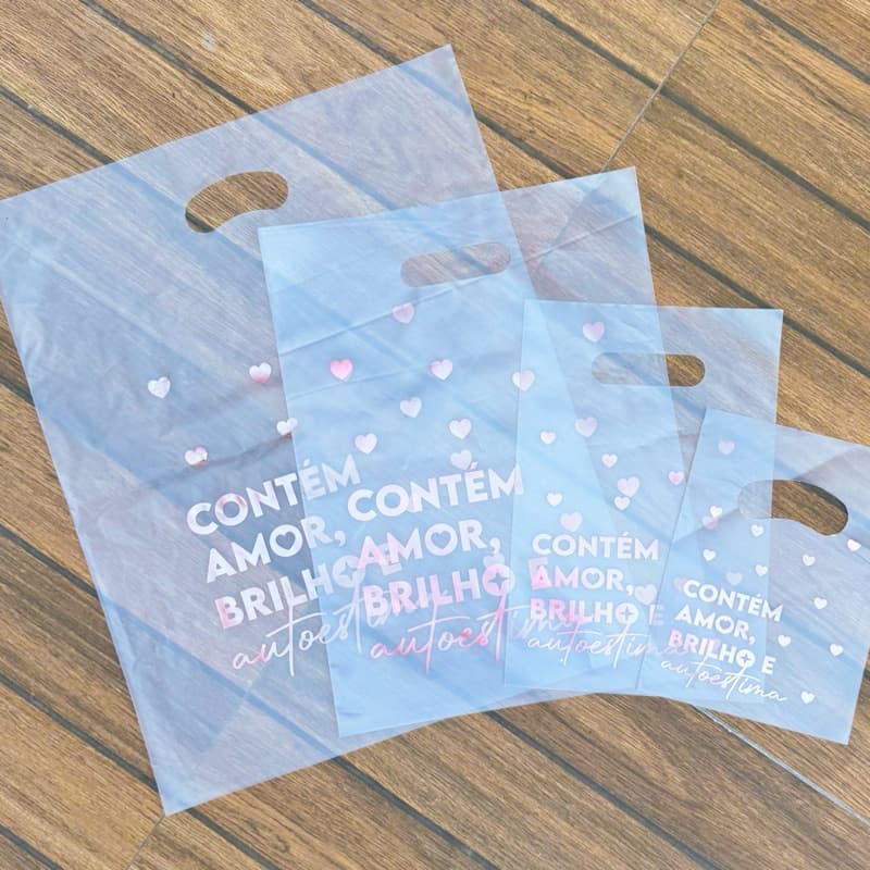 25/50 Sacola Plastica Boca de Palhaço | Transparente | Contém amor, brilho e autoestima | Joias | Acessórios