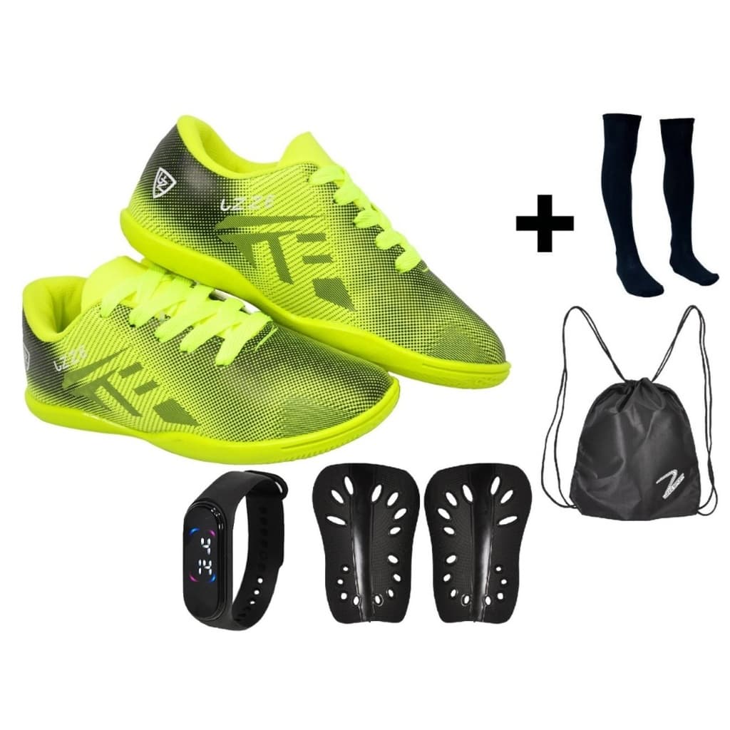 Chuteira Futsal Nova Infantil Meião Caneleira Mochila Relógio UZ