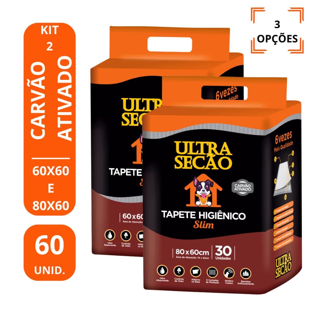 Kit 2 Tapetes para Cachorro Cão Higiênico Ultra Secão Carvão ativado 60x60cm 80x60  60 Unidades