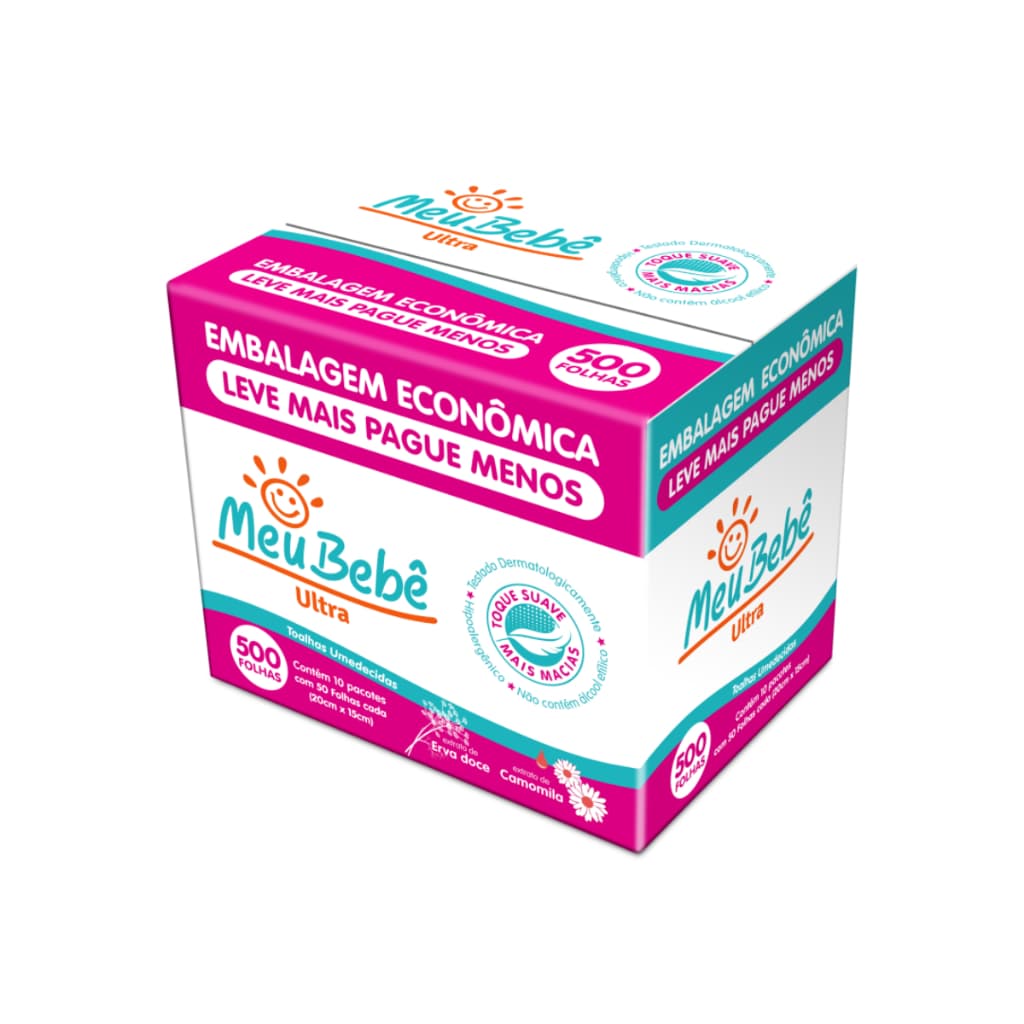 TOALHA UMEDECIDA PACK MEU BEBE ULTRA 500 FOLHAS - Caixa com 10 Pacotes de 50 Unidades