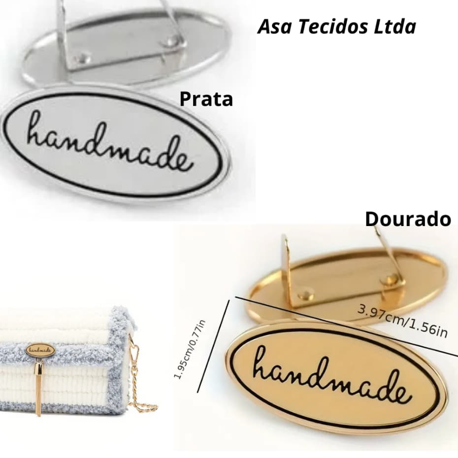 Placa Metal Handmade Para Bolsas Crochê Mochilas Necessaire Artesanatos - Dourado - Prata