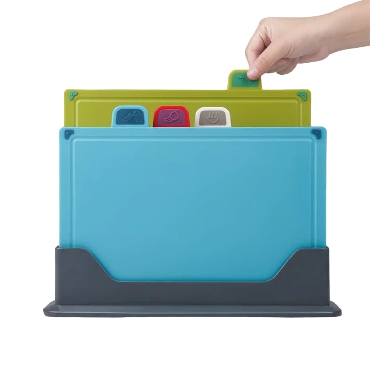 kit 4 Tábua De Corte + Suporte Jogo Colorido Carne Frango Verdura Peixe Higiênico Anti Derrapante