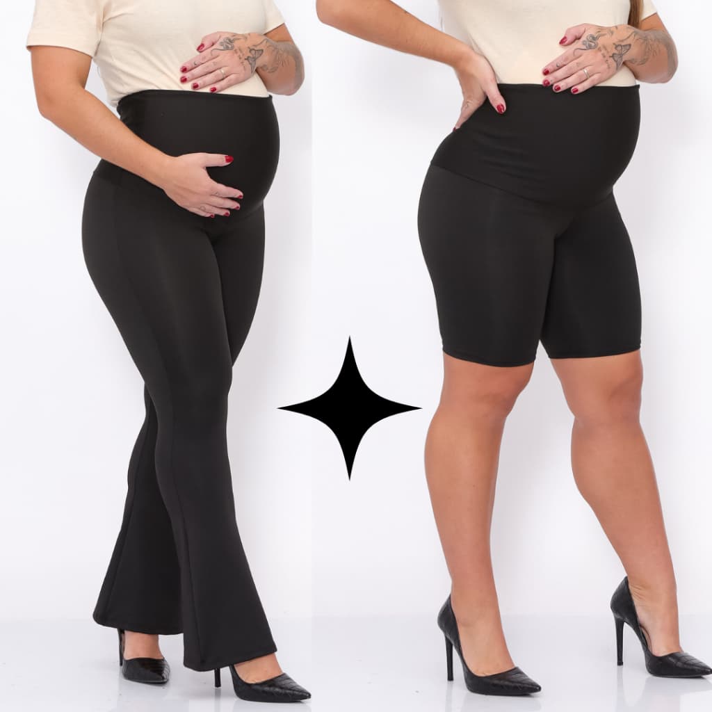 KIT 2 Peças Calça Flare Gestante + Bermuda Short Maternidade Pretas Super Zero Transparencia