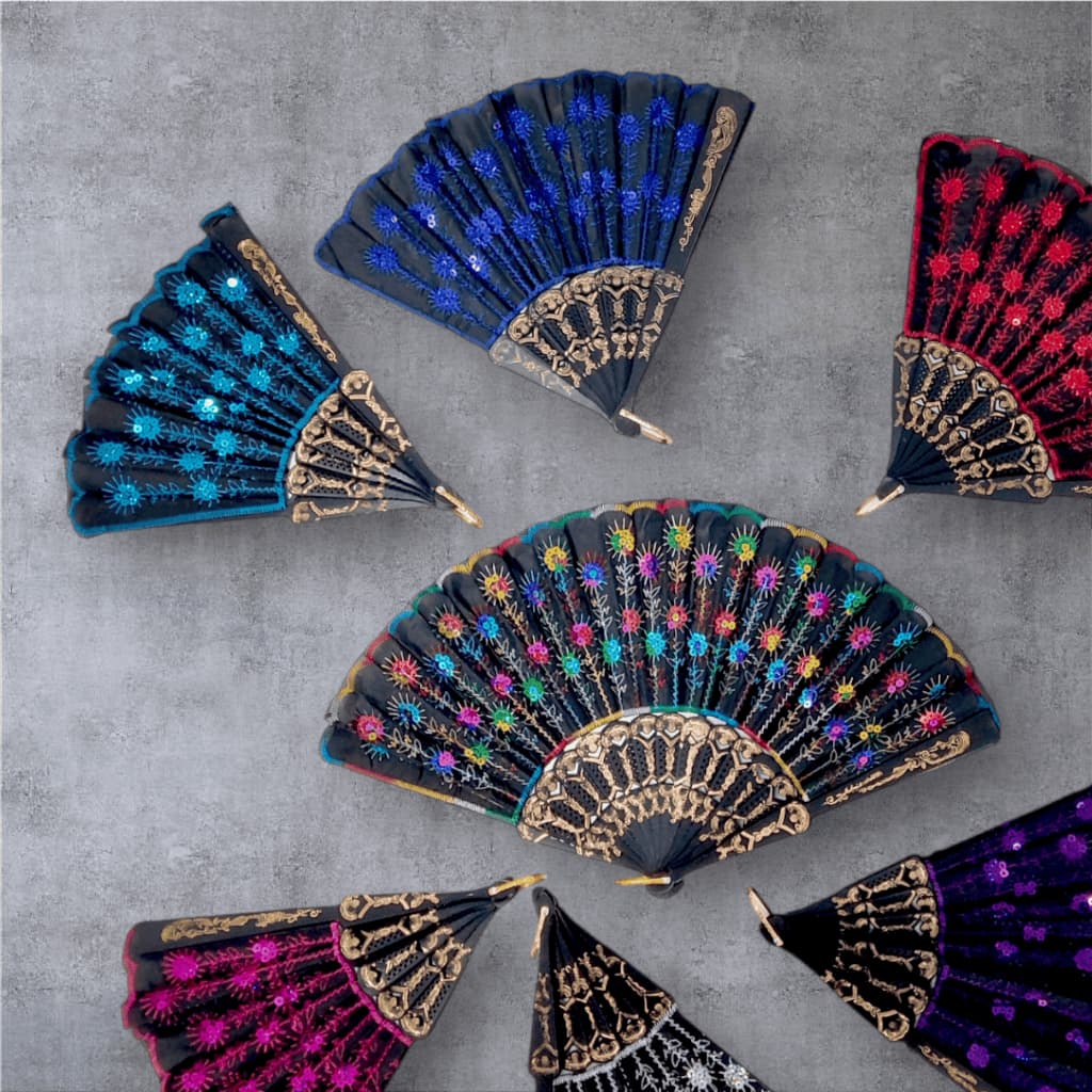 Leque Tecido Lantejoula Brilhante Varias Estampas Diversas Cor Madeira Escuro Oriental Japonês Gueixa