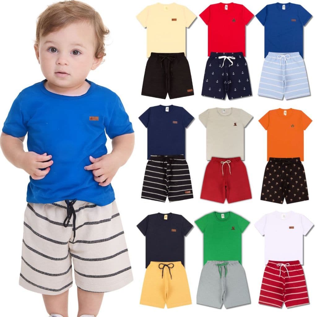 Kit Básico 10 Peças Roupa Bebê Menino - 5 Camisetas Básicas + 5 Bermudas - 5 Conjuntos Lisos Bebê Menino