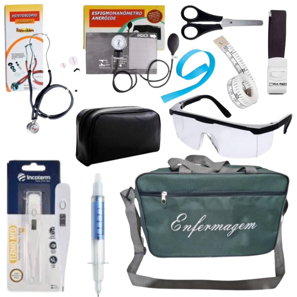 Kit Enfermagem Luxo Grafite com Aparelho de Pressão e Estetoscópio Duplo Premium 10 itens
