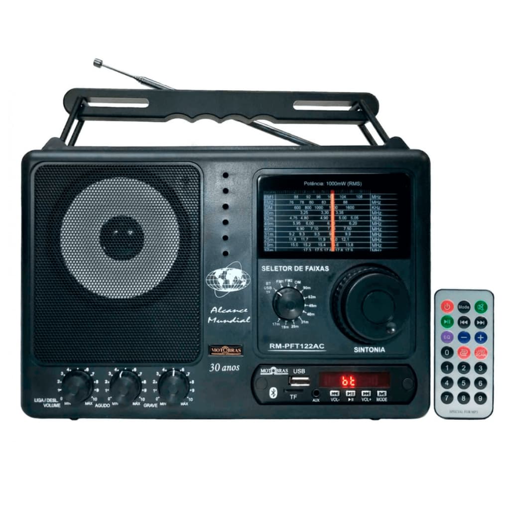 Rádio Portátil FM/OM/OC 12 Faixas Com Sintonia Fina - 122AC Usb/Bluetooth/Sd Com Controle Remoto - Motobras