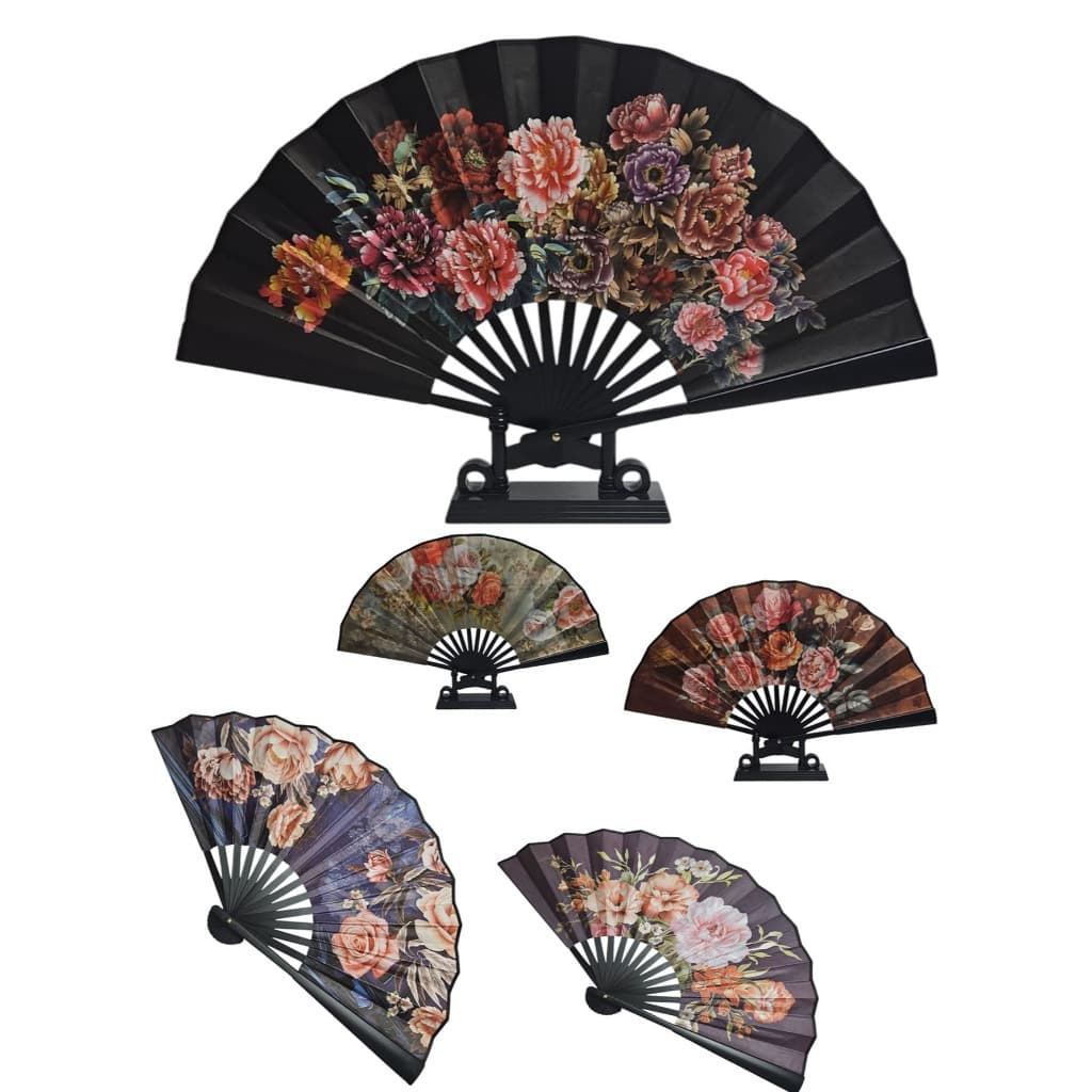 Leque De Mão Tecido Estampa Floral  Aberto 47cm