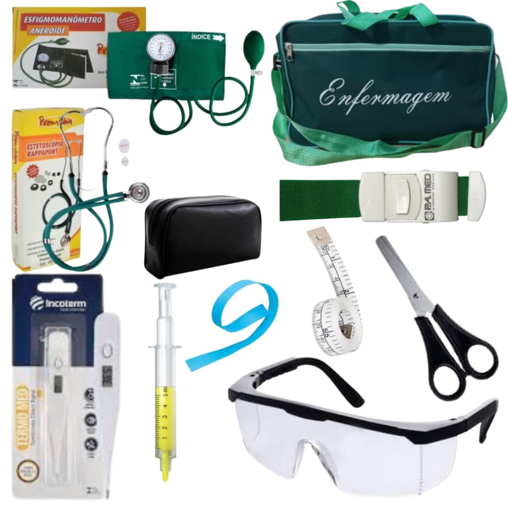 Kit Enfermagem Luxo Verde com Aparelho de Pressão e Estetoscópio Duplo Premium 10 itens