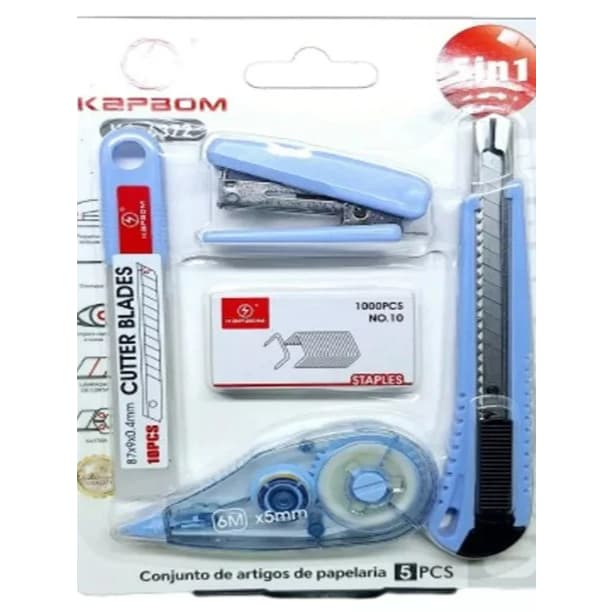 O kit de papelaria inclui cortador, grampeador e fita corretiva para escritórios escolares