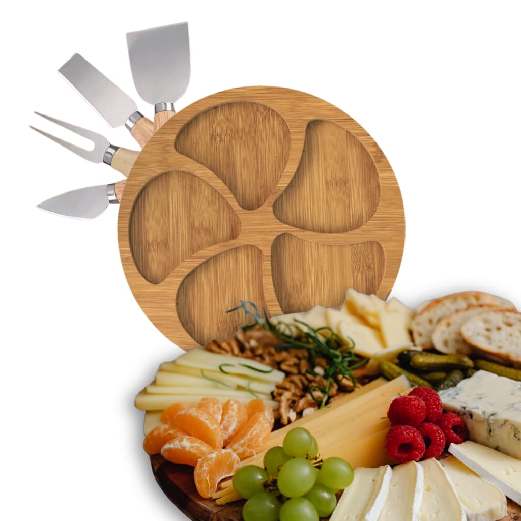 Kit Petisqueira + Facas P/ Queijos C/ 4 Tipos de Facas (Macio, Duro, Espátula, Garfo)