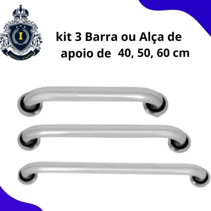 kit 3 barras Apoio Alumínio Alça Suporte Banheiro Segurança Proteção Idoso Deficiente Acessibilidade 60 cm 50 cm 40 cm