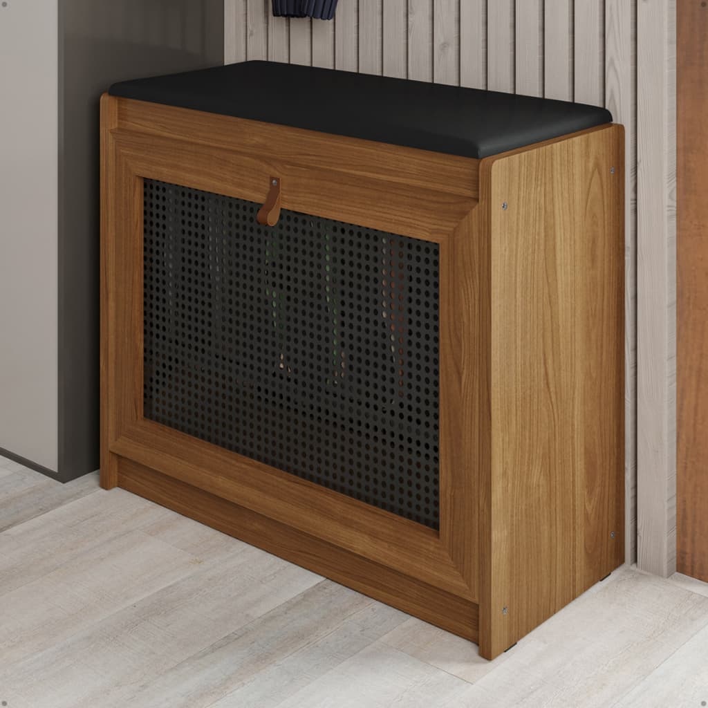 Sapateira Banco Com Assento Em Corino Marrom Porta Basculante Madeira