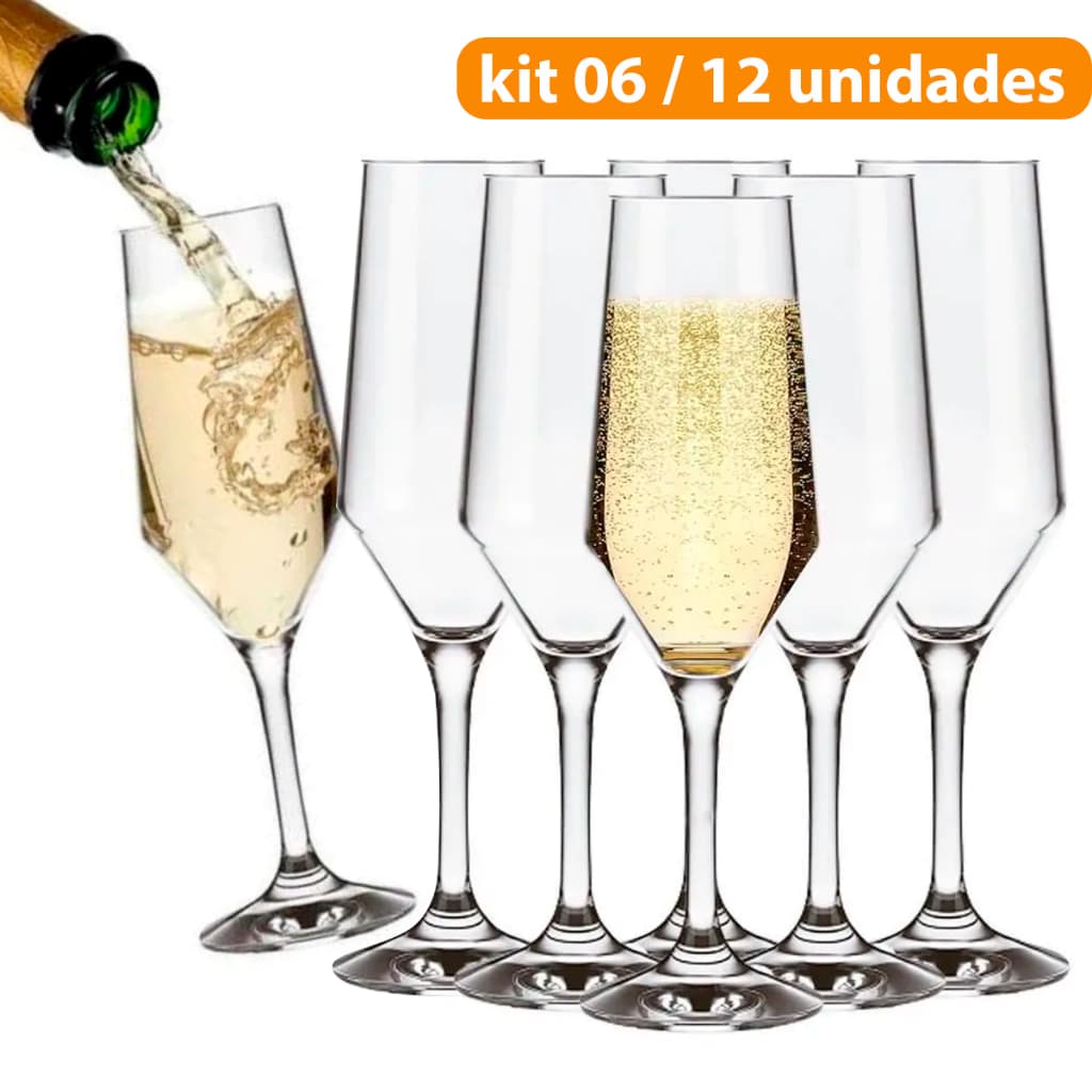 Jogo 12  / 06 Taça Vidro Cristalino Buffet 186ML Champanhe Espumante Vinho Branco Bar Restaurante