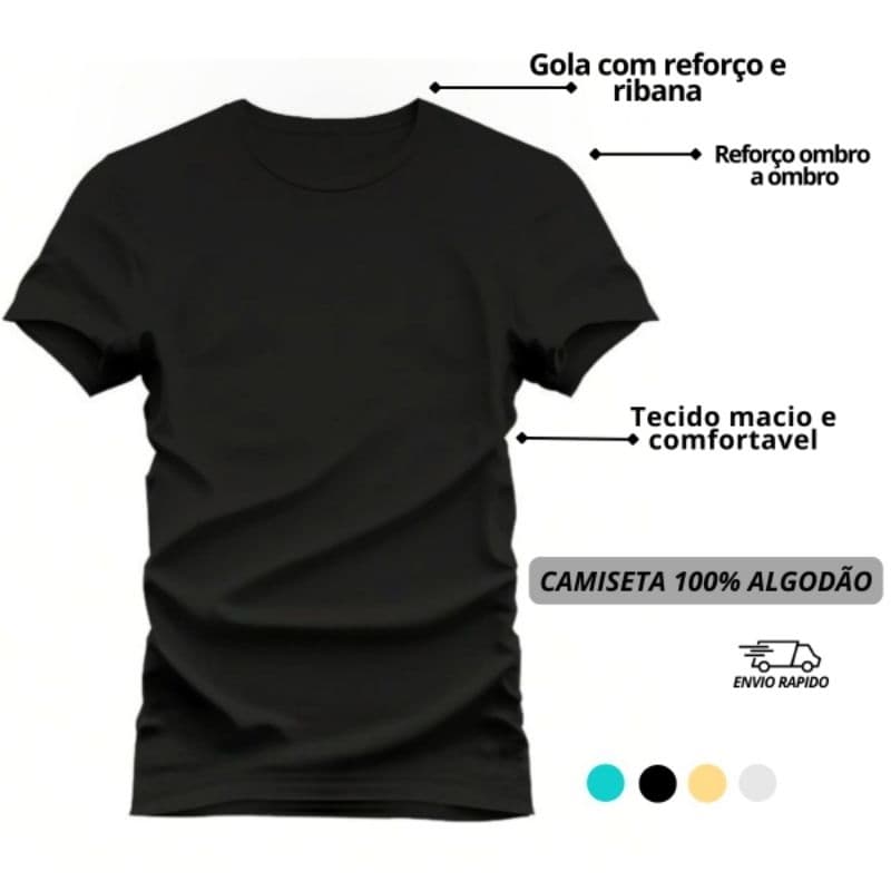 Camiseta Básica 100% Algodão Masculina Feminina Unissex com Reforço Ombro a Ombro