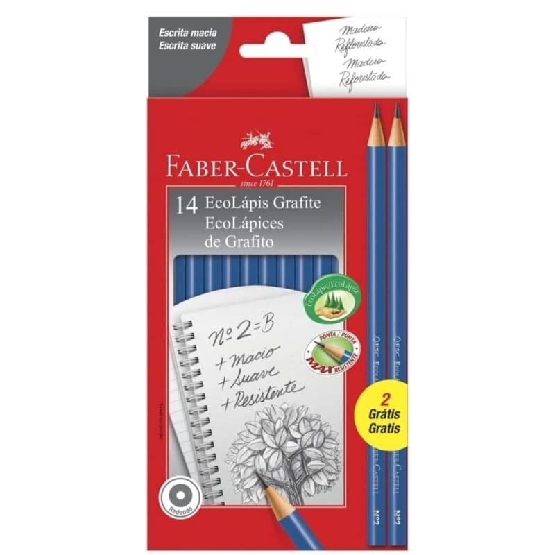 Lápis Faber-Castell Preto Redondo Nº2HB EcoLápis, 14 Lápis Kit 12 + 2 Grátis Kit Escolar Universitário Aula