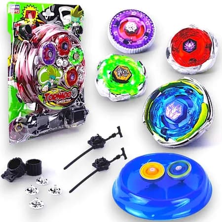 Kit 4 Beyblade Metal Com led 5D + 2 Lançadores + Ponteiras + Arena P/ Combate Brinquedo Luz Pião